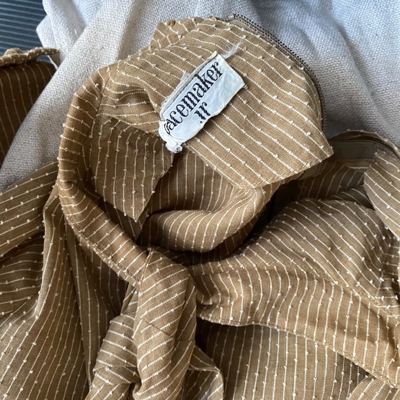 60s/70s Size S Mini Dress Neck Tie Linen Skirt Gold Beige Bodice - Picture 13 of 16